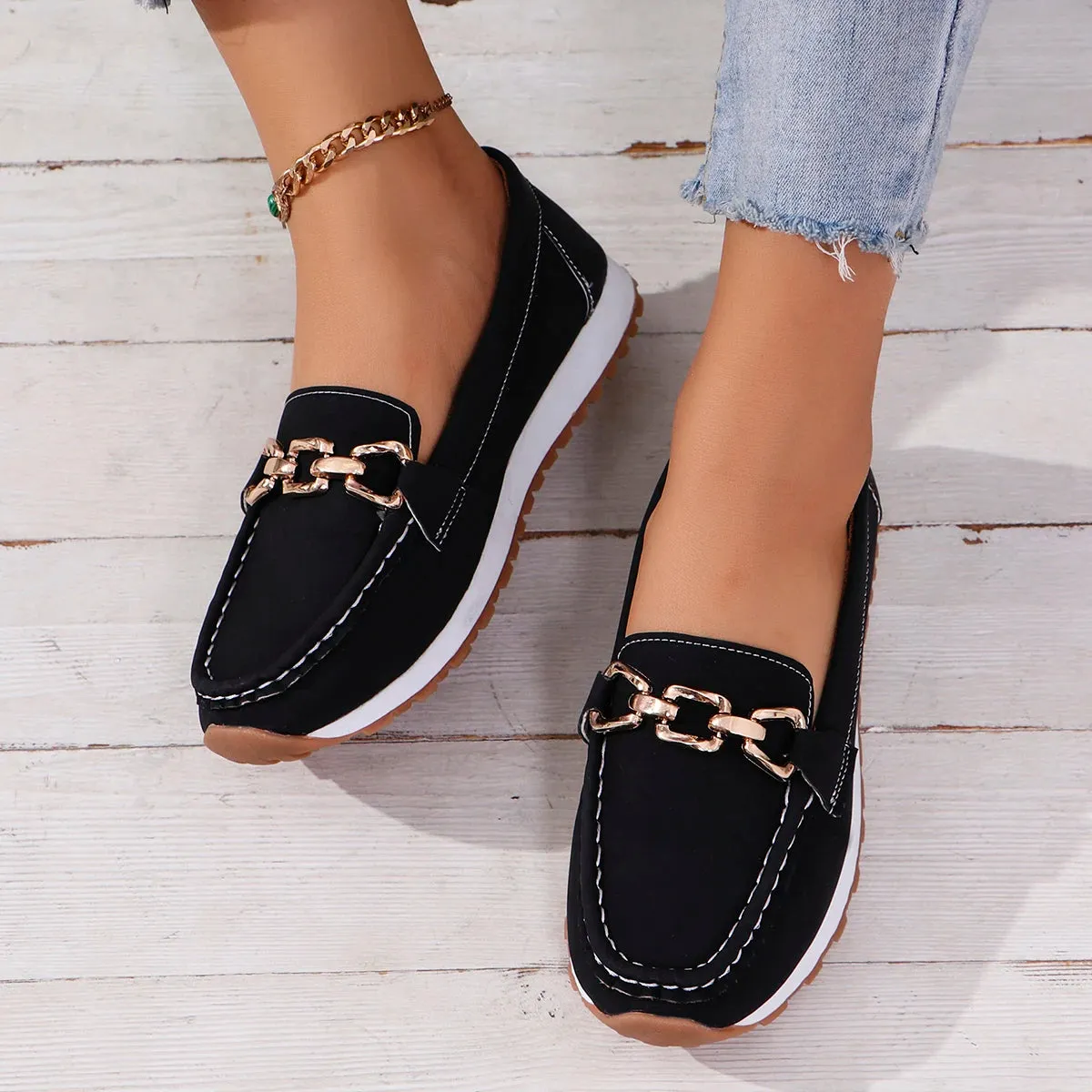 2024 Spring Autumn Women's Flats Shoes Fashion Round Toe Loafers Casual Slip-on Women's Metal Decoration Flats Large Size Shoes