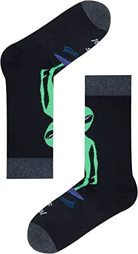 Alien Print Crew Socks for Men, Funky Socks, Funny Socks for Men, Alien Gifts for UFO Enthusiast, Novelty Socks, Outer Space Gifts