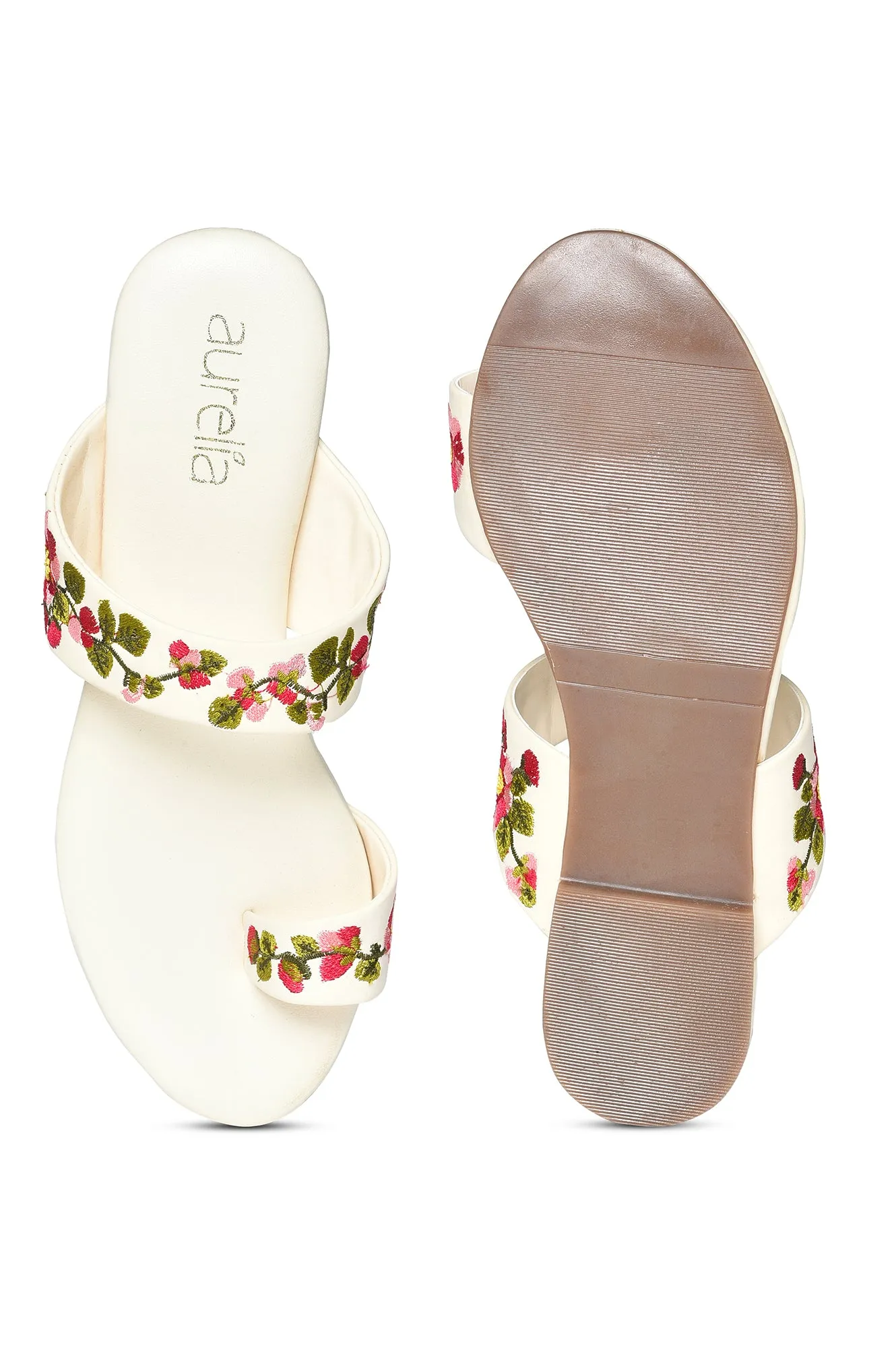 Aurelia Embroidered Ecru Almond Toe Flat