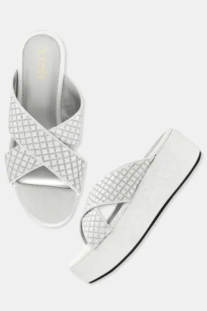 Aurelia Silver Embroidered Round Toe Platform Heel-Zbelle