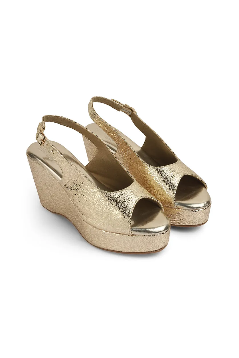Blingy Peeptoe Backstrap Wedges Gold