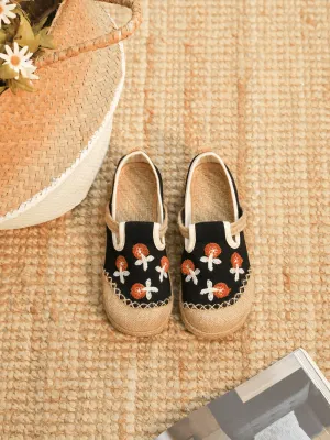 Blossom Embroidered Linen Espadrille Loafer - Black