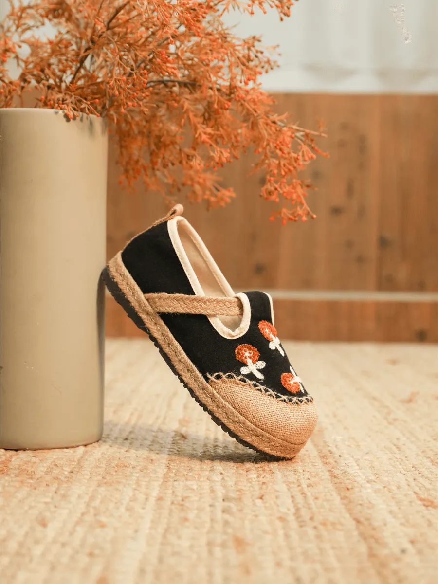 Blossom Embroidered Linen Espadrille Loafer - Black