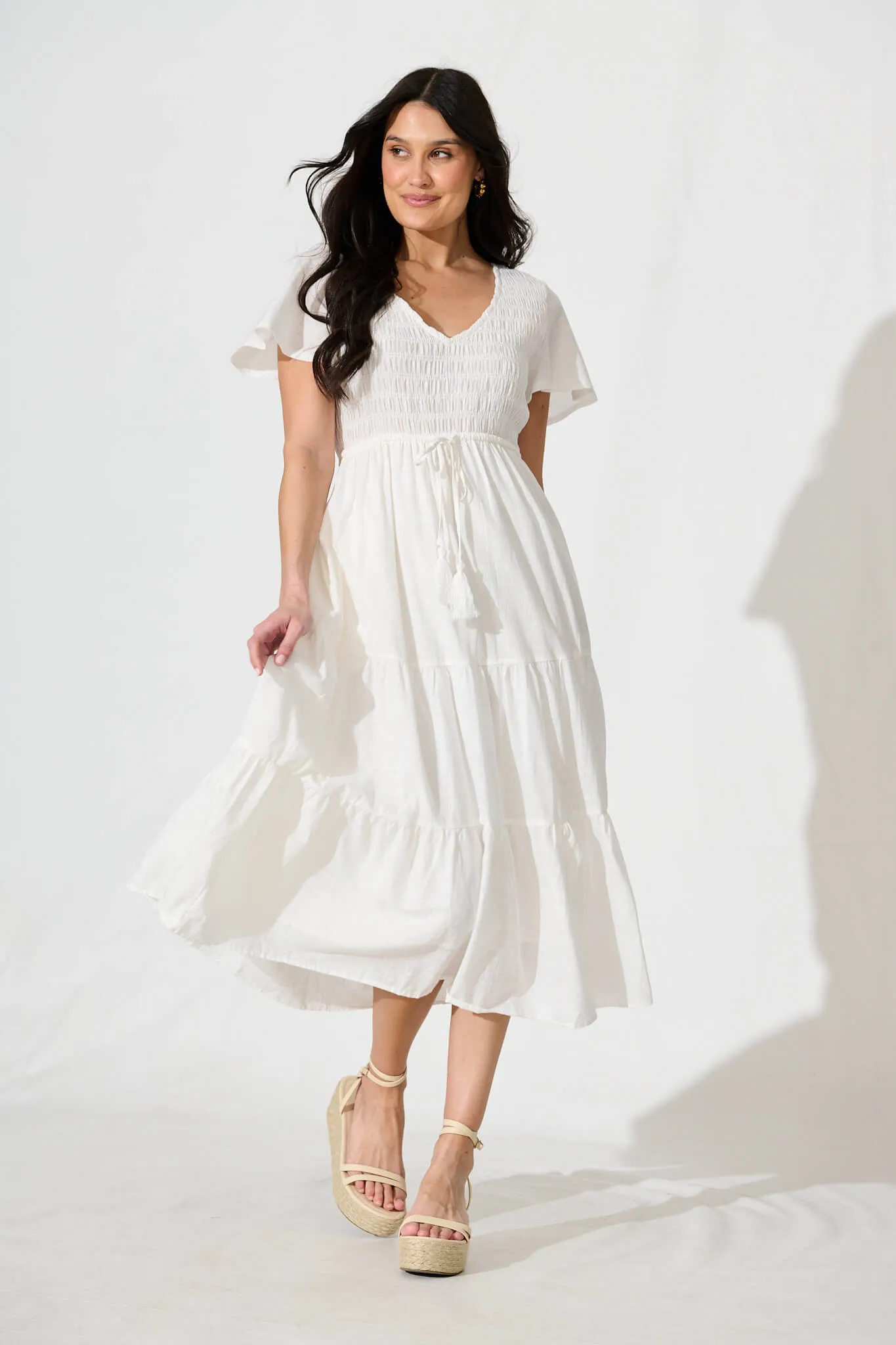 Callie Midi Dress in White Linen Blend