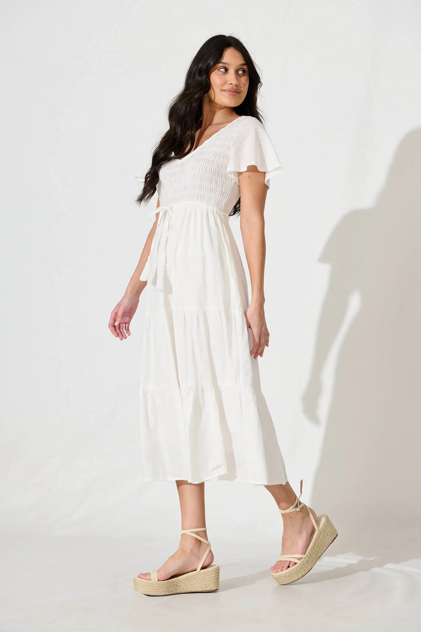 Callie Midi Dress in White Linen Blend