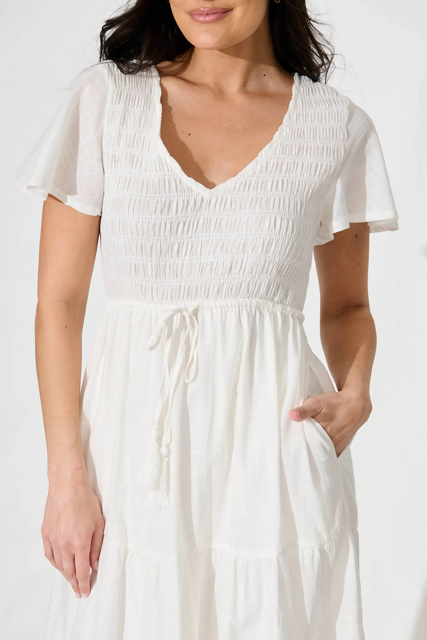 Callie Midi Dress in White Linen Blend