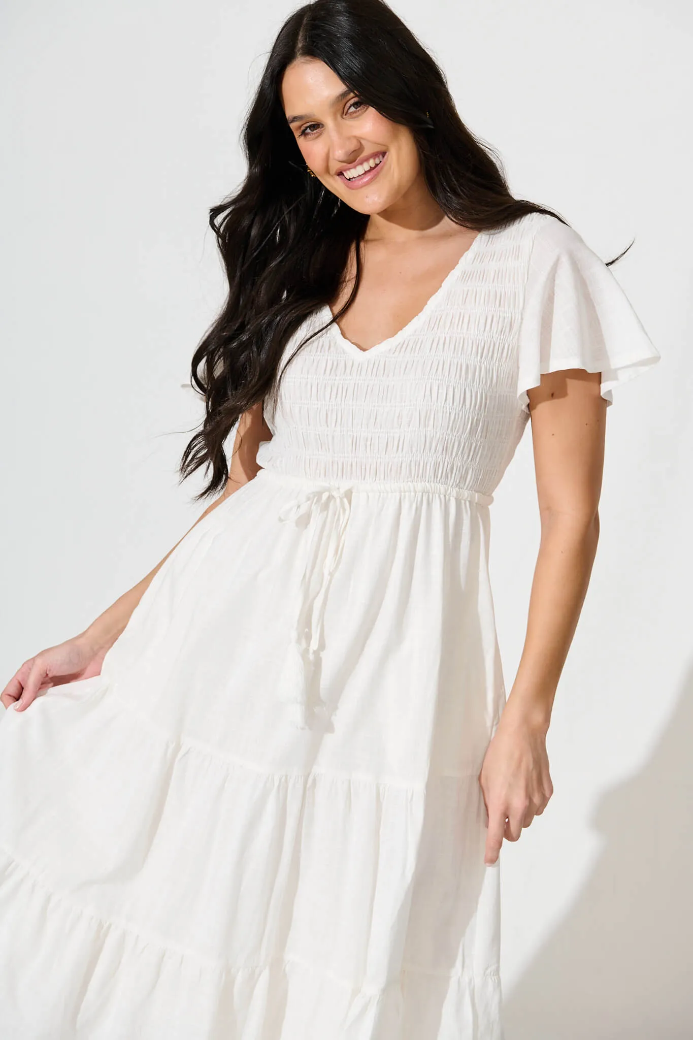 Callie Midi Dress in White Linen Blend