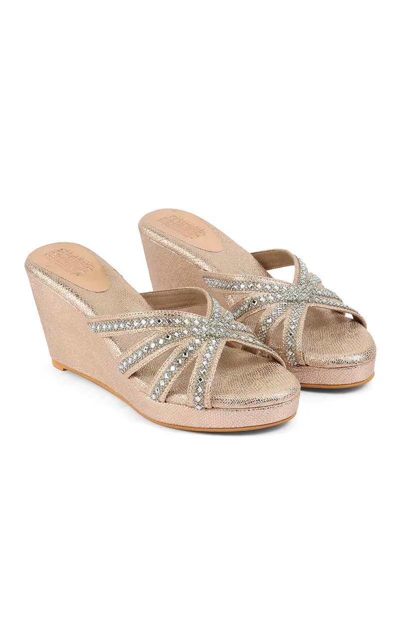 Crystal Slip on High Wedges Light Gold