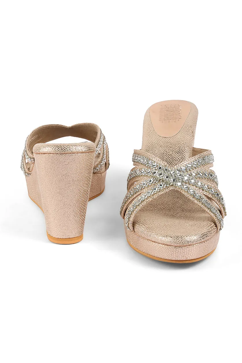 Crystal Slip on High Wedges Light Gold