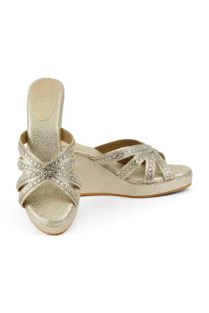 Crystal Slip on High Wedges Light Gold