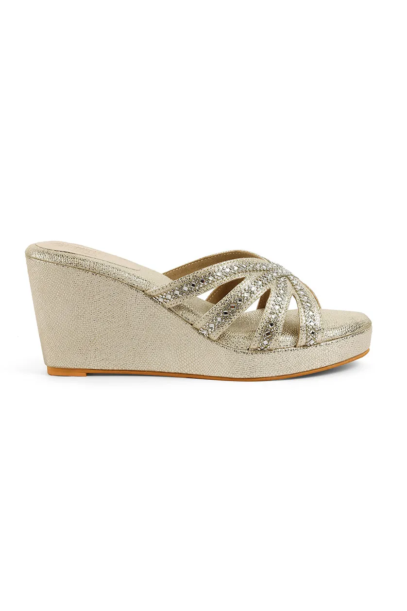 Crystal Slip on High Wedges Light Gold