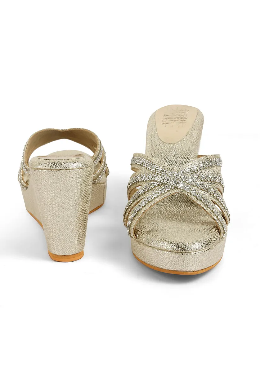 Crystal Slip on High Wedges Light Gold