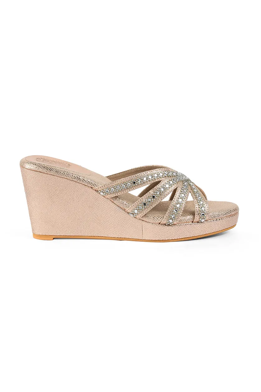 Crystal Slip on High Wedges Light Gold