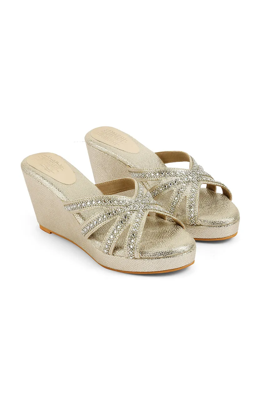Crystal Slip on High Wedges Light Gold