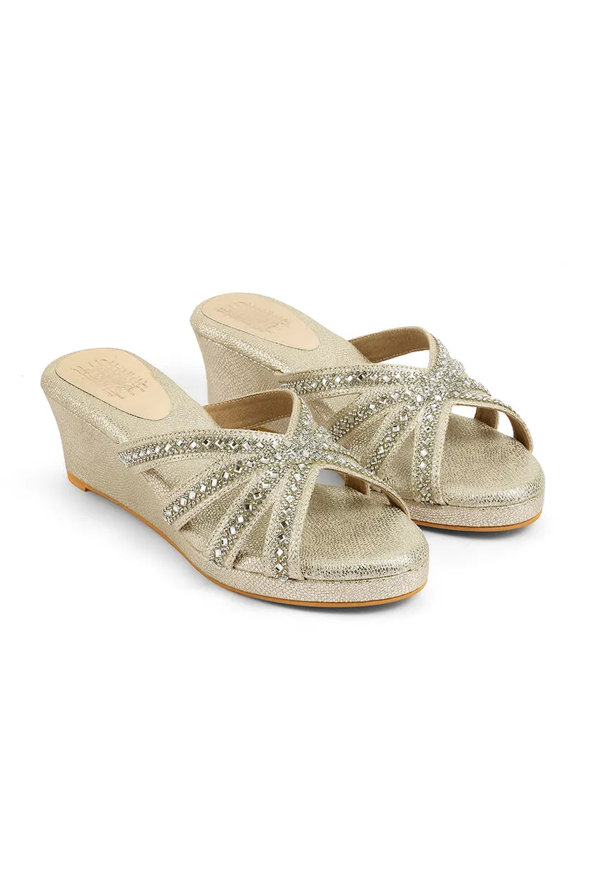 Crystal Slip on Low Wedges Light Gold