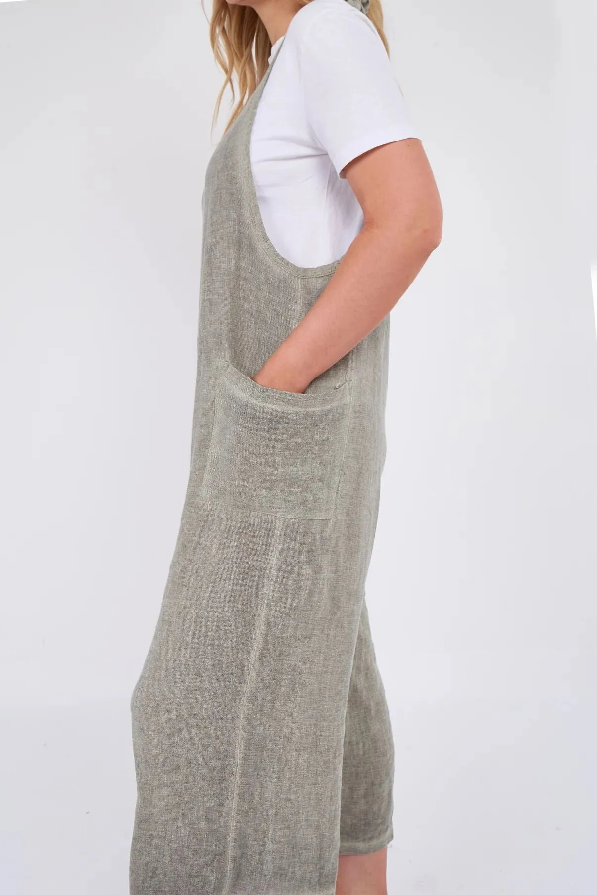 Dark Grey Washed Linen Adjustable Strap Jumpsuit
