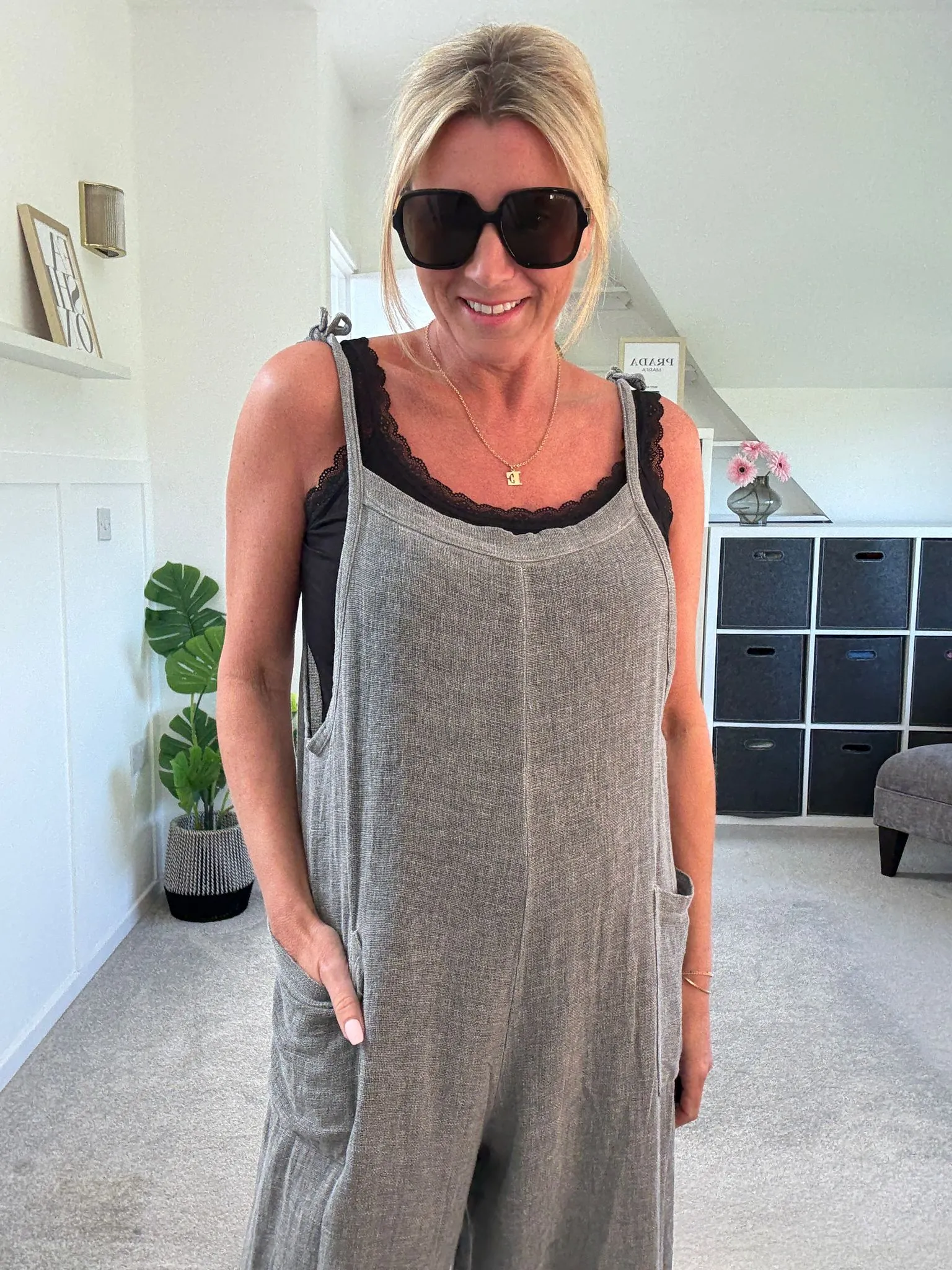 Dark Grey Washed Linen Adjustable Strap Jumpsuit
