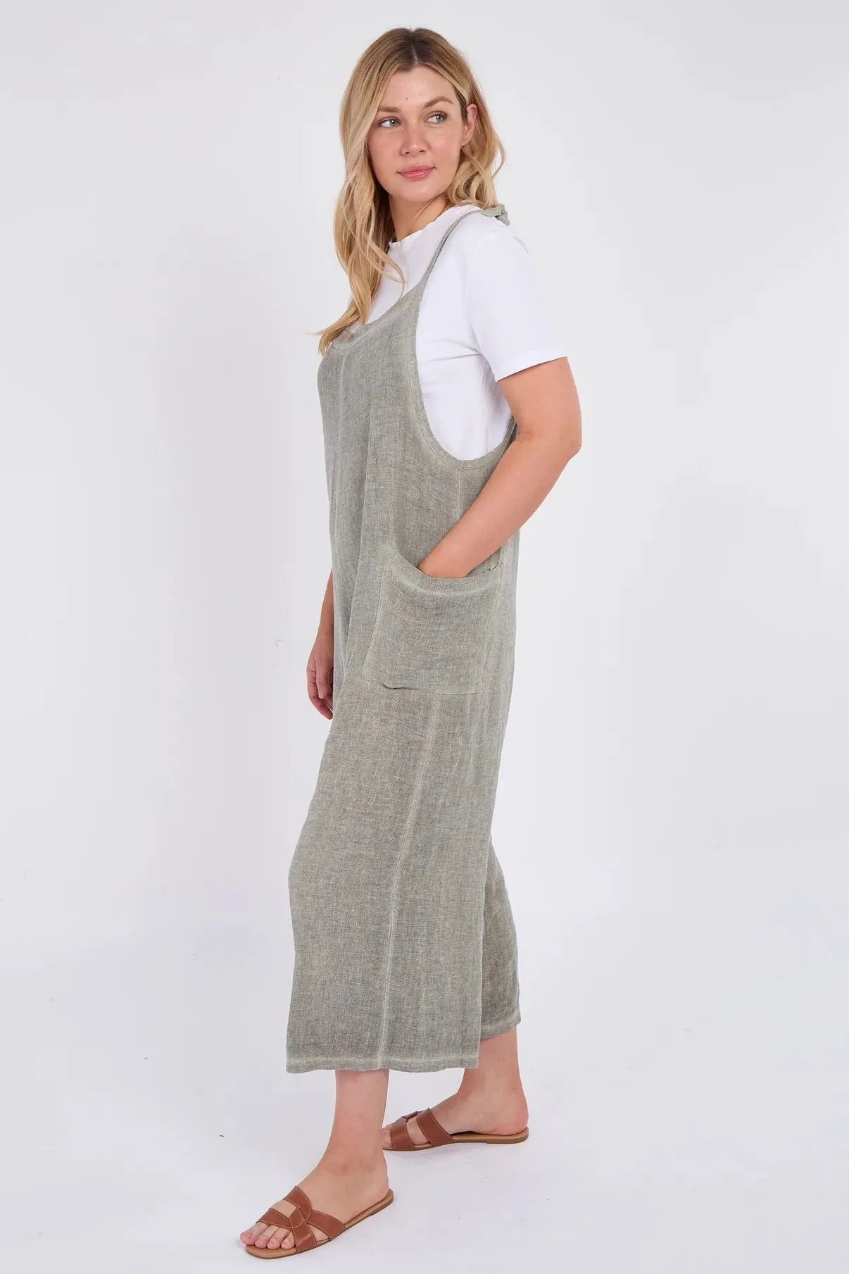 Dark Grey Washed Linen Adjustable Strap Jumpsuit