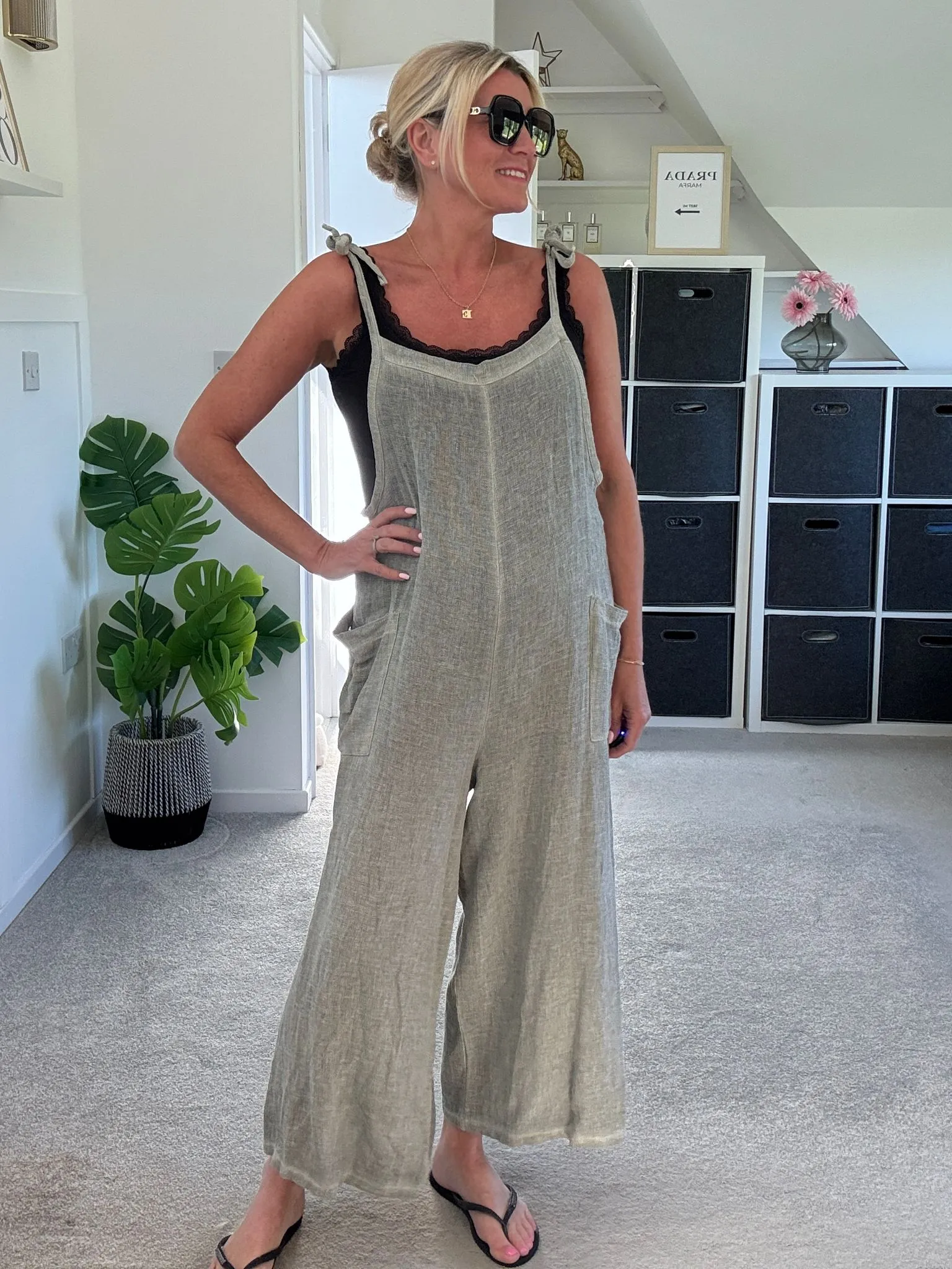Dark Grey Washed Linen Adjustable Strap Jumpsuit