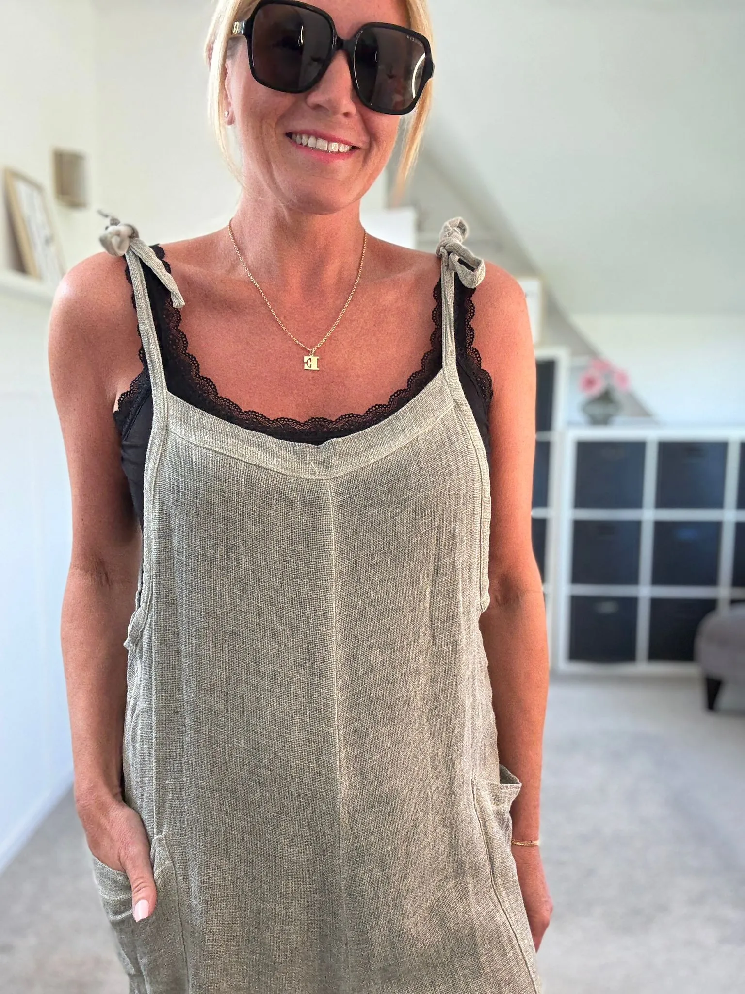 Dark Grey Washed Linen Adjustable Strap Jumpsuit