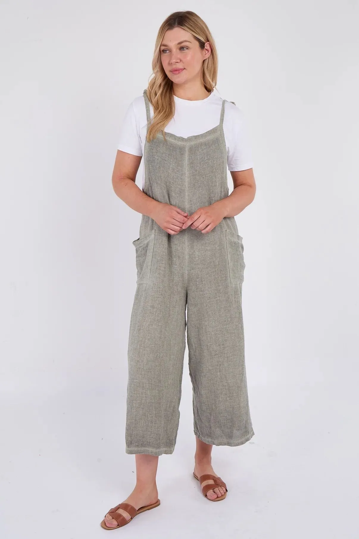 Dark Grey Washed Linen Adjustable Strap Jumpsuit