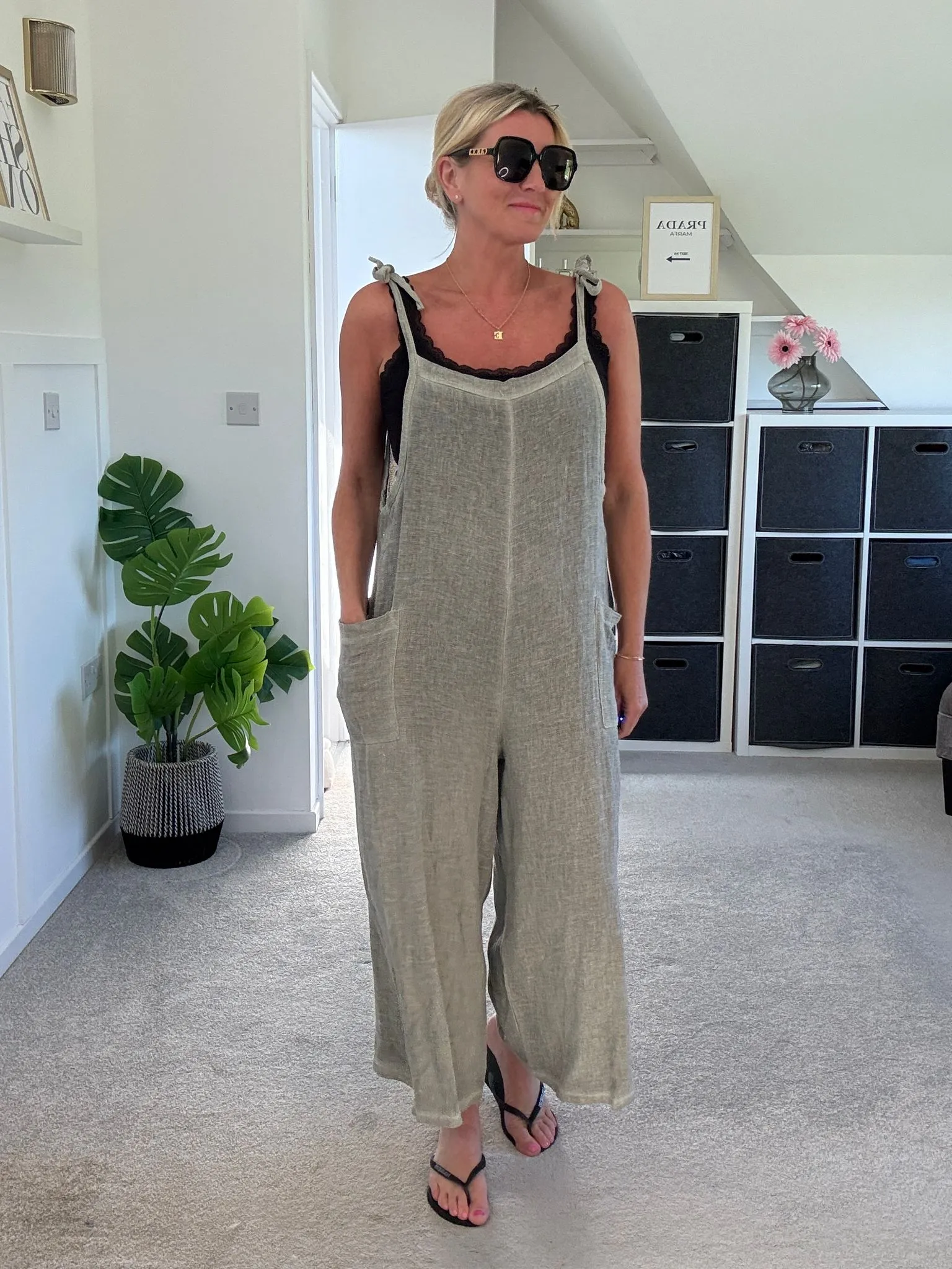 Dark Grey Washed Linen Adjustable Strap Jumpsuit