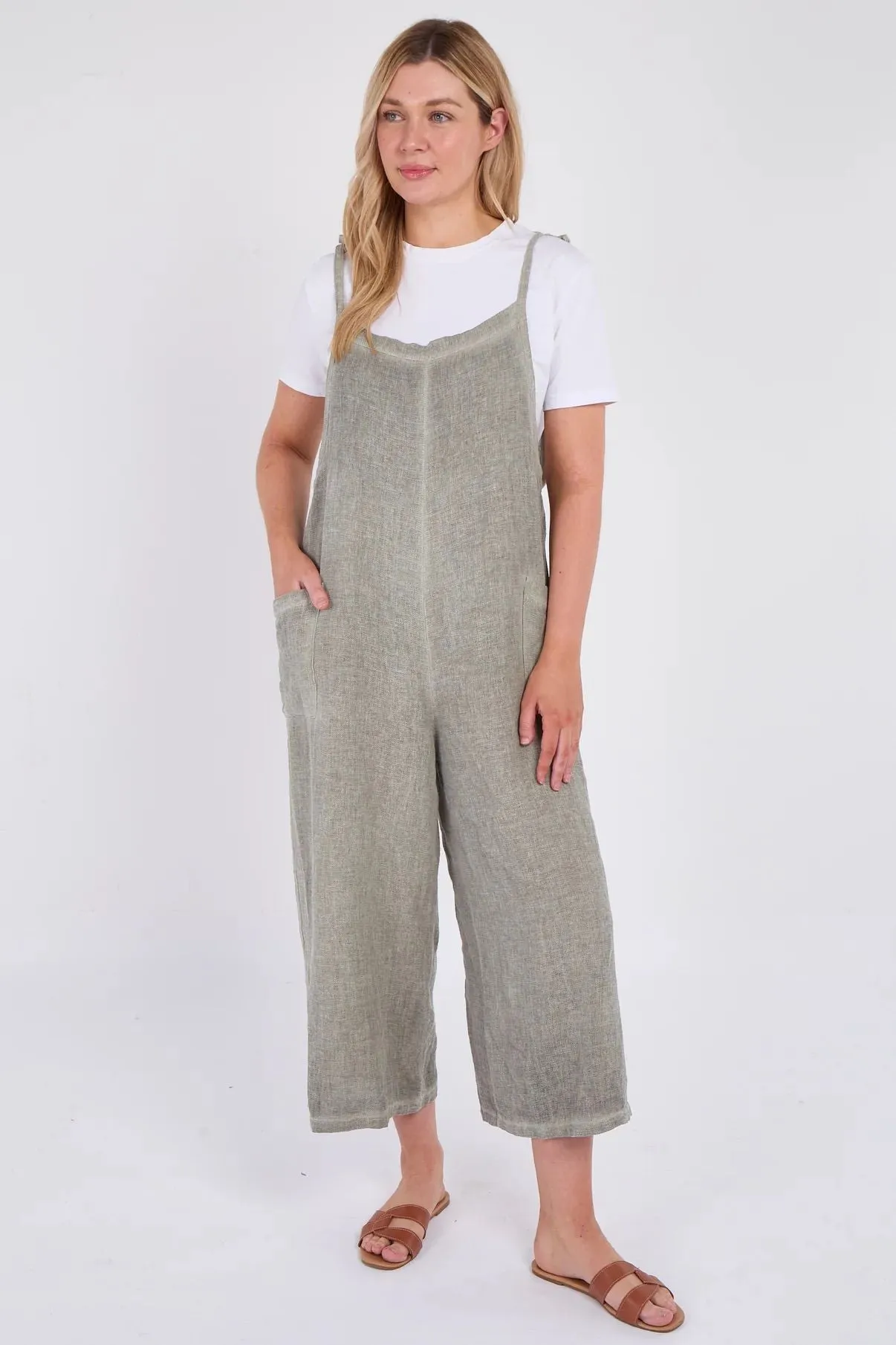 Dark Grey Washed Linen Adjustable Strap Jumpsuit