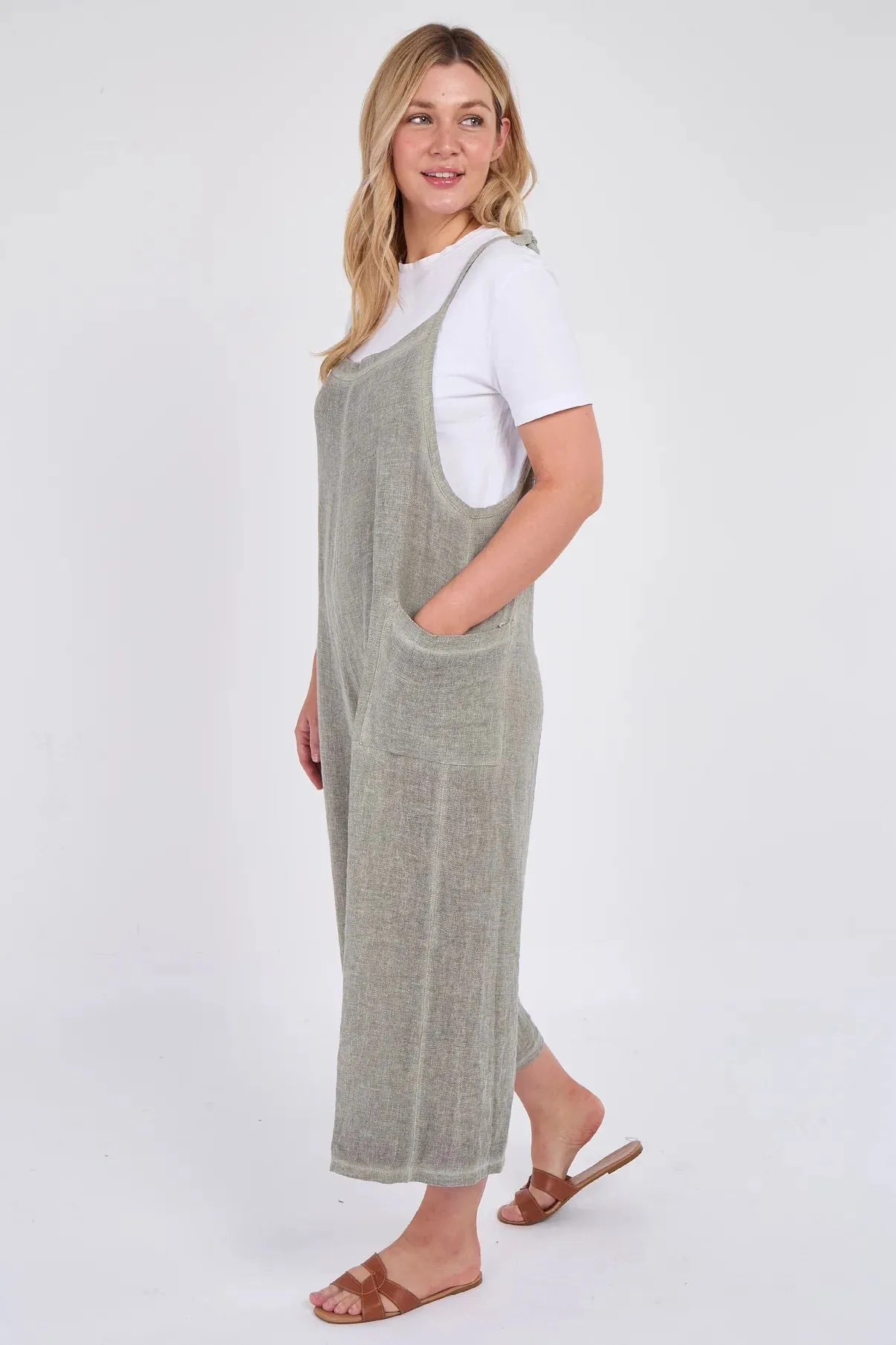 Dark Grey Washed Linen Adjustable Strap Jumpsuit