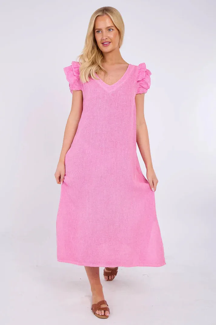Dark Grey Washed Linen Frill Sleeve V-Neck Dress