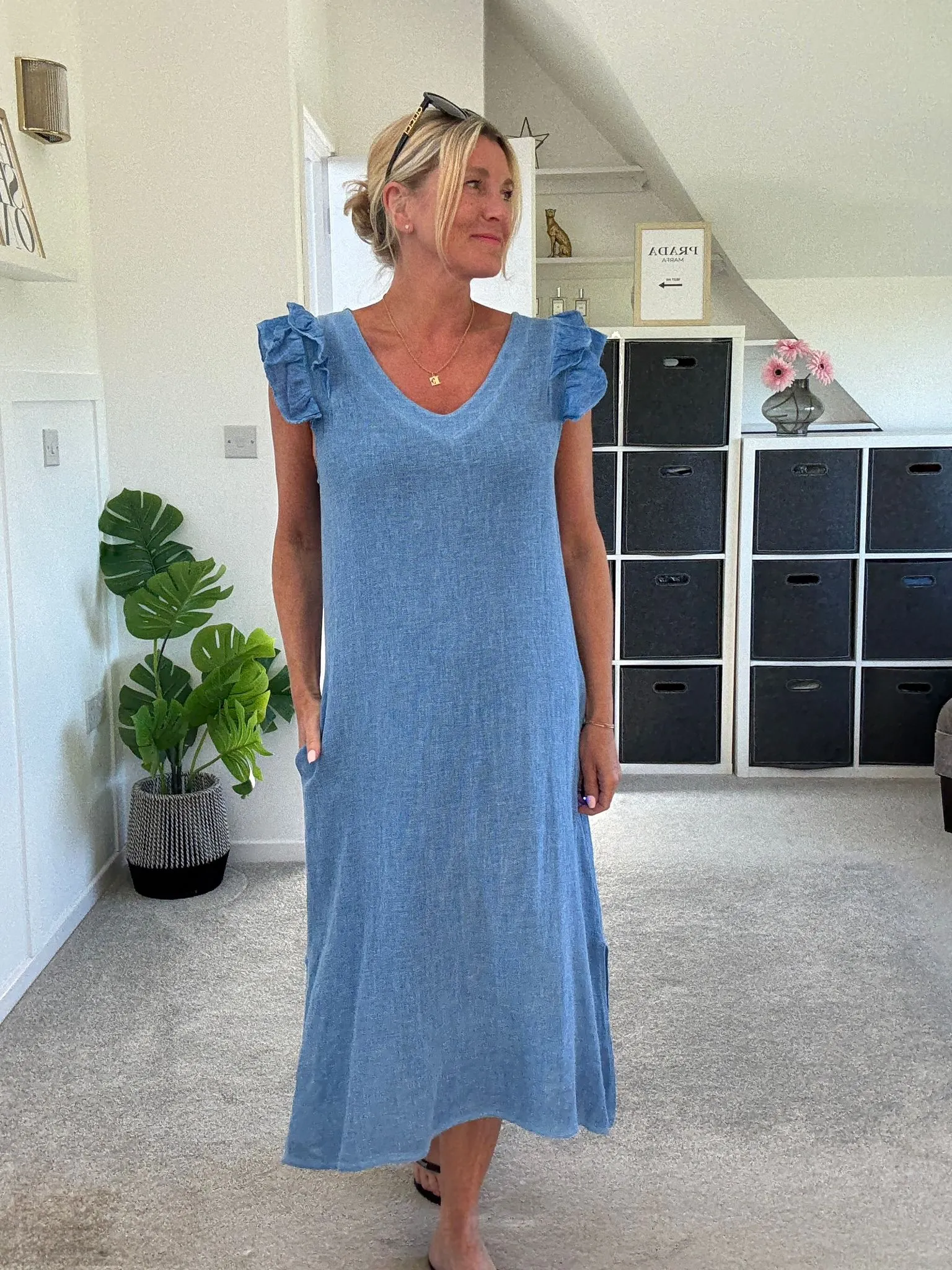 Dark Grey Washed Linen Frill Sleeve V-Neck Dress