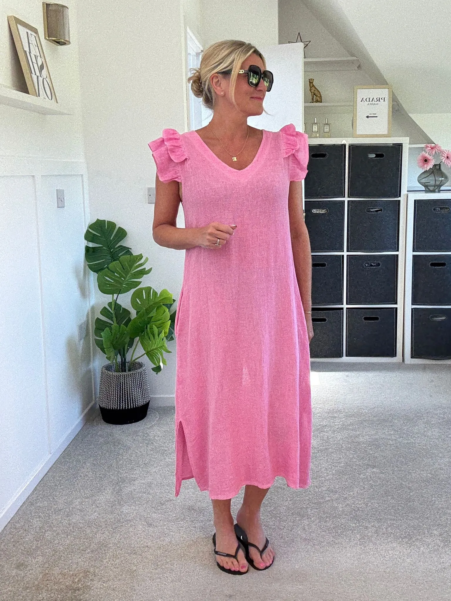 Dark Grey Washed Linen Frill Sleeve V-Neck Dress