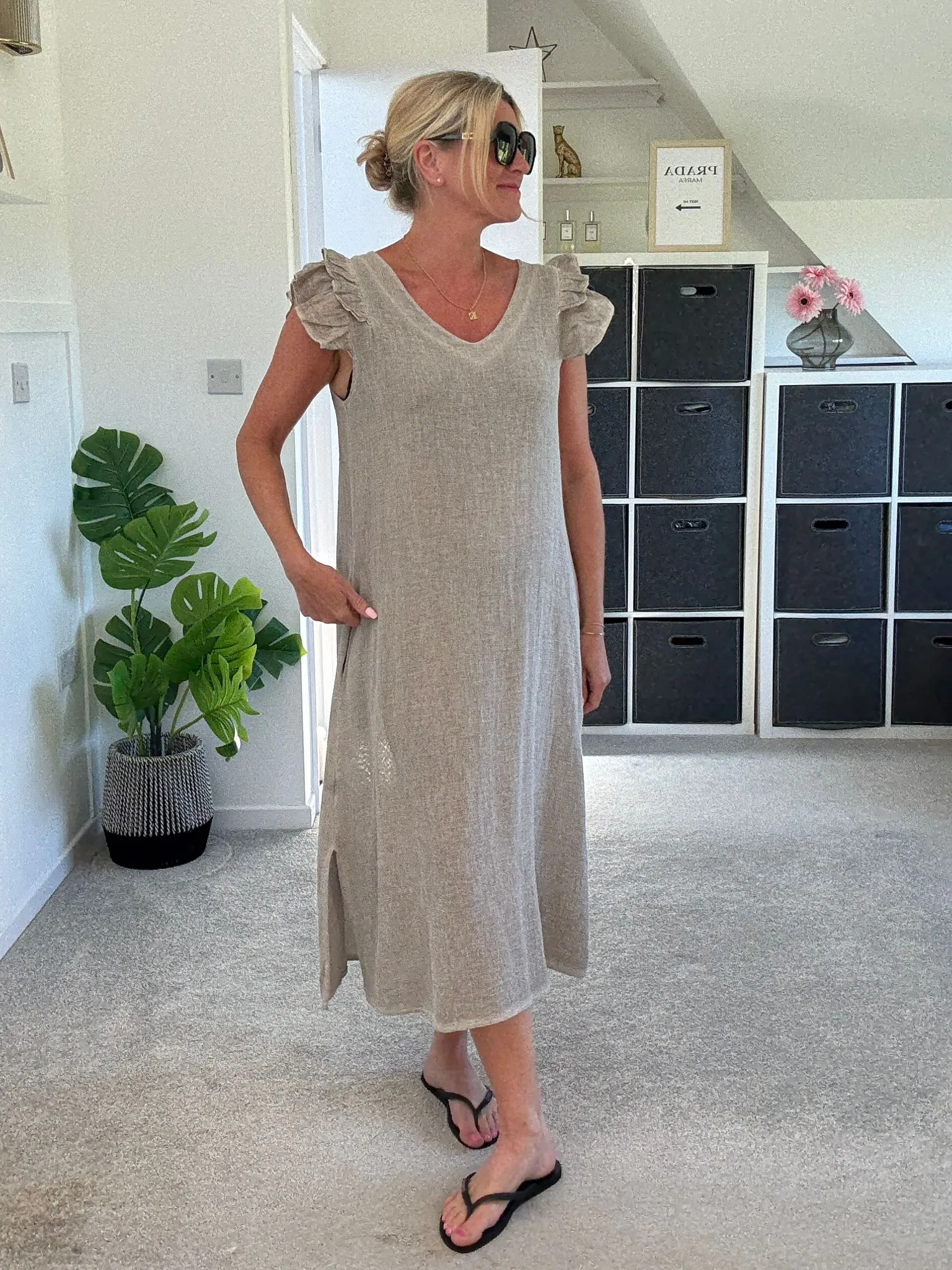 Dark Grey Washed Linen Frill Sleeve V-Neck Dress