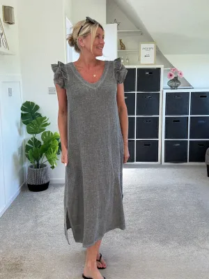 Dark Grey Washed Linen Frill Sleeve V-Neck Dress