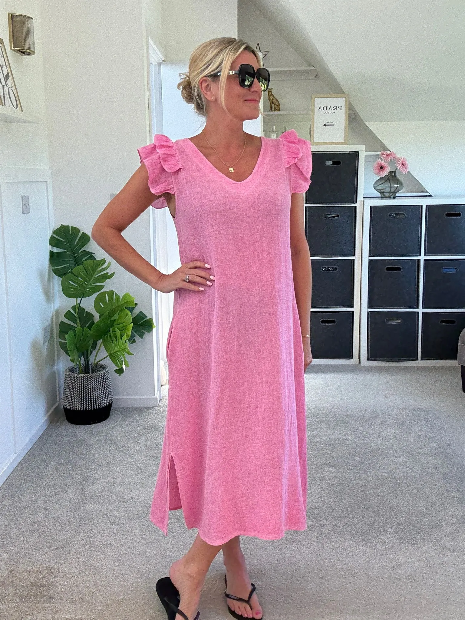 Dark Grey Washed Linen Frill Sleeve V-Neck Dress