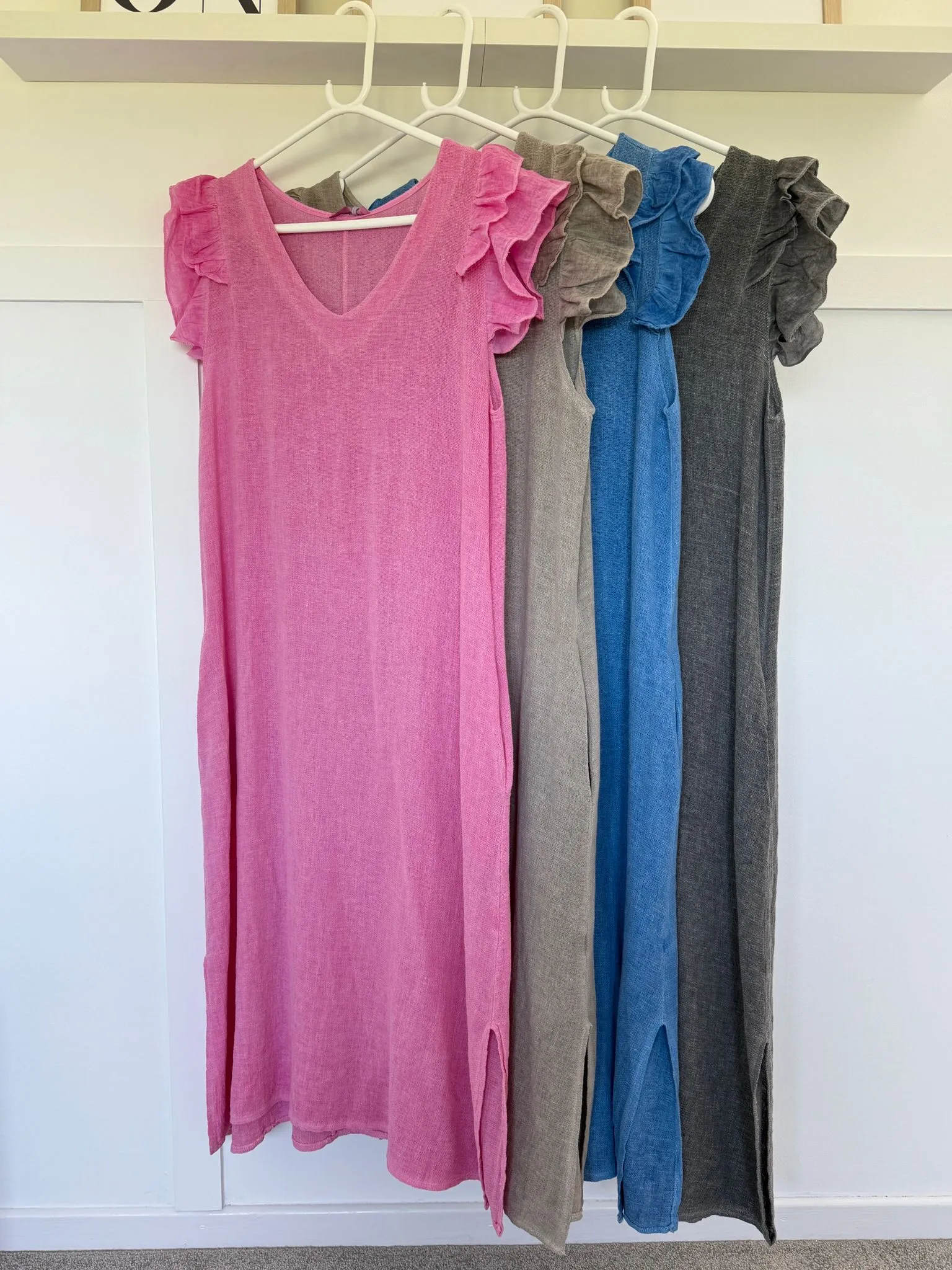 Dark Grey Washed Linen Frill Sleeve V-Neck Dress