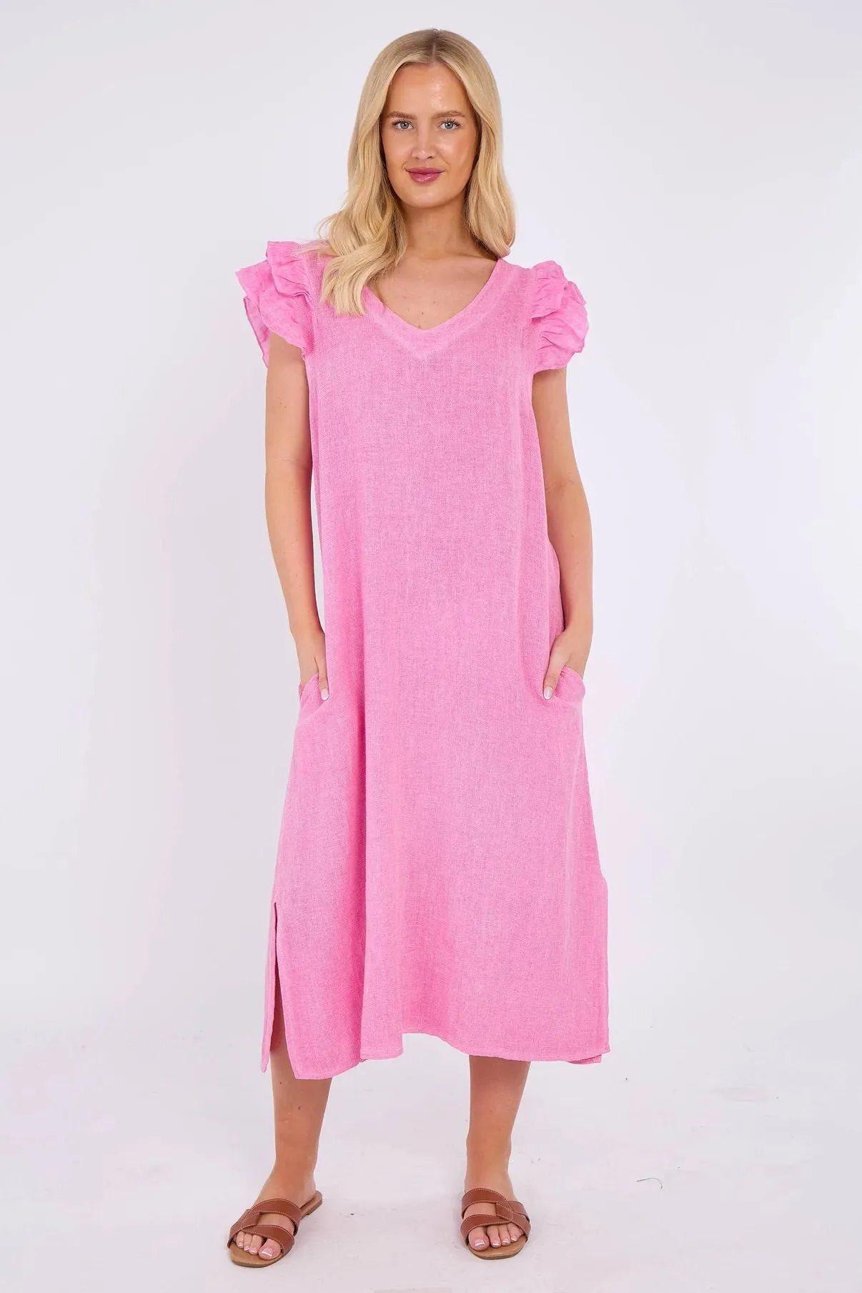 Dark Grey Washed Linen Frill Sleeve V-Neck Dress