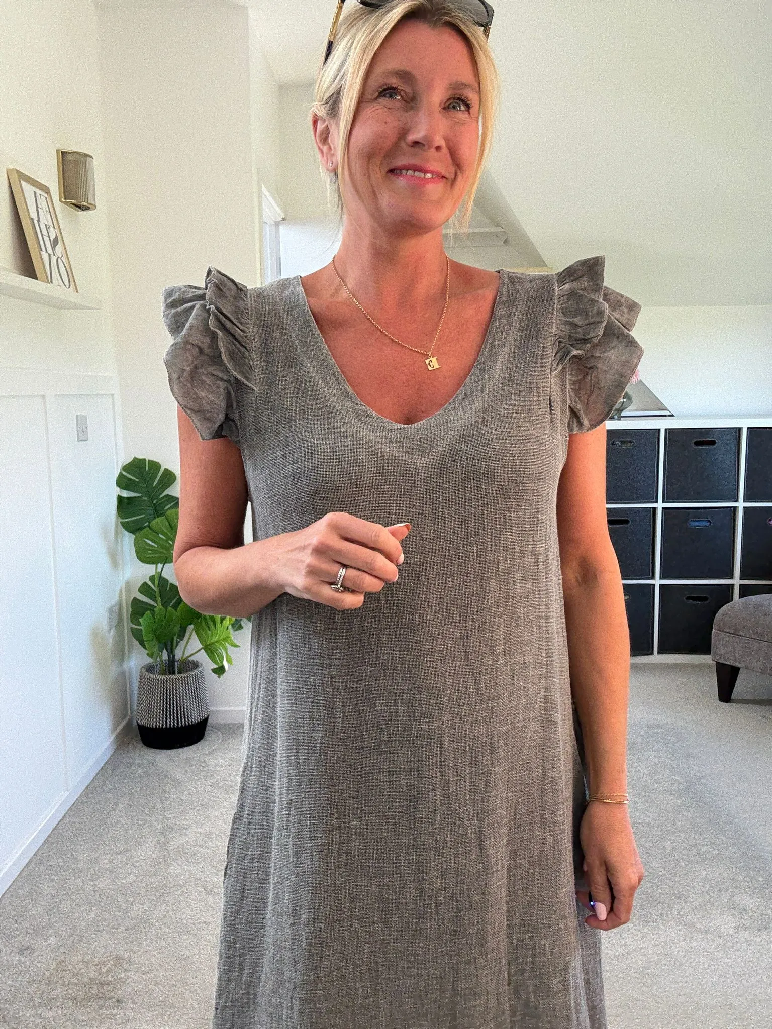 Dark Grey Washed Linen Frill Sleeve V-Neck Dress