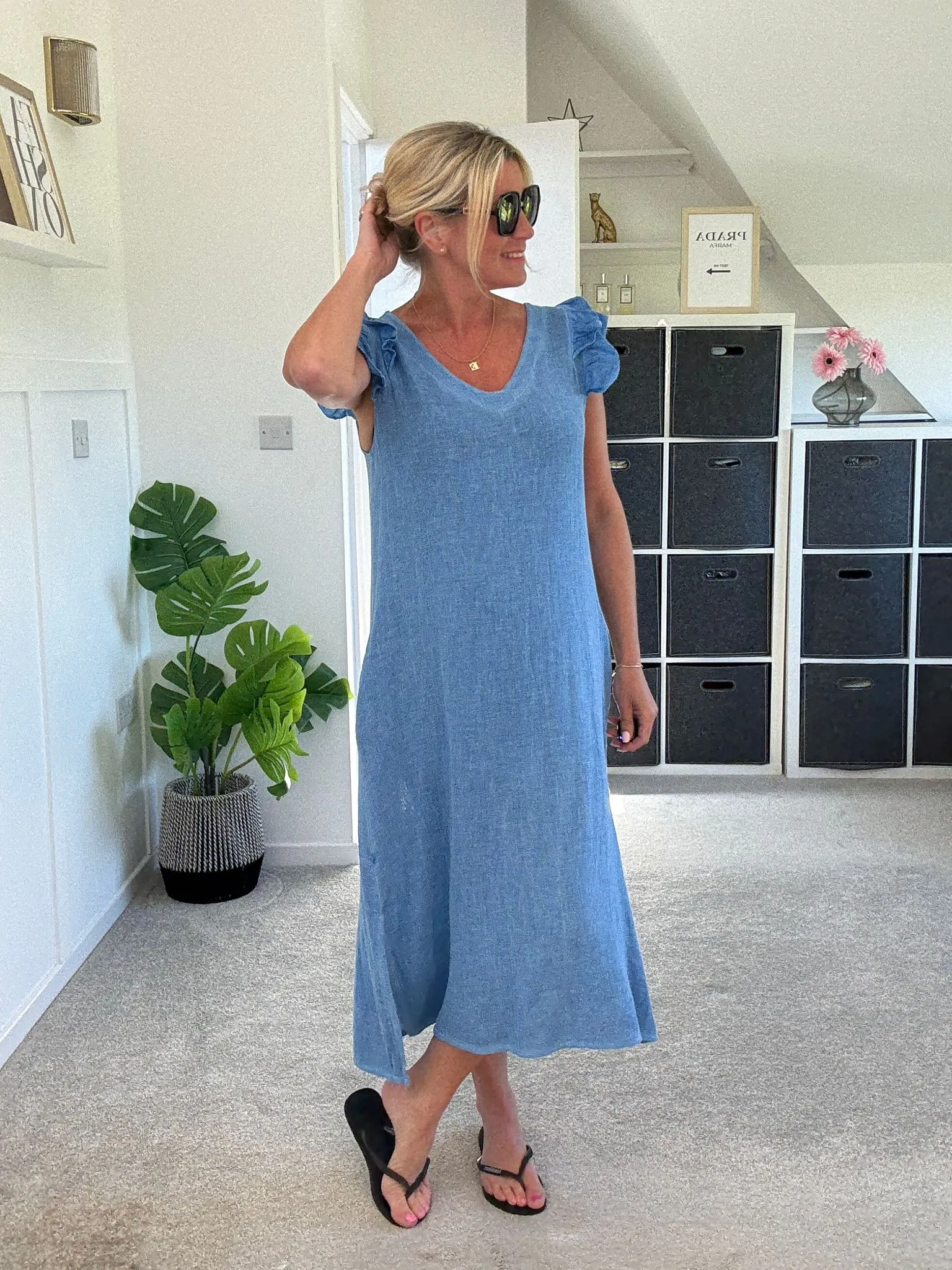 Dark Grey Washed Linen Frill Sleeve V-Neck Dress
