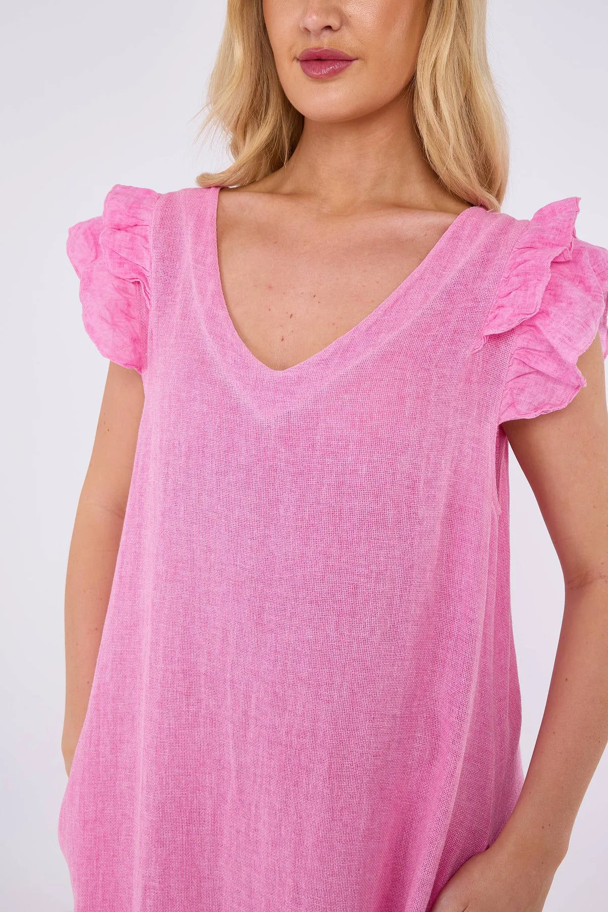 Dark Grey Washed Linen Frill Sleeve V-Neck Dress