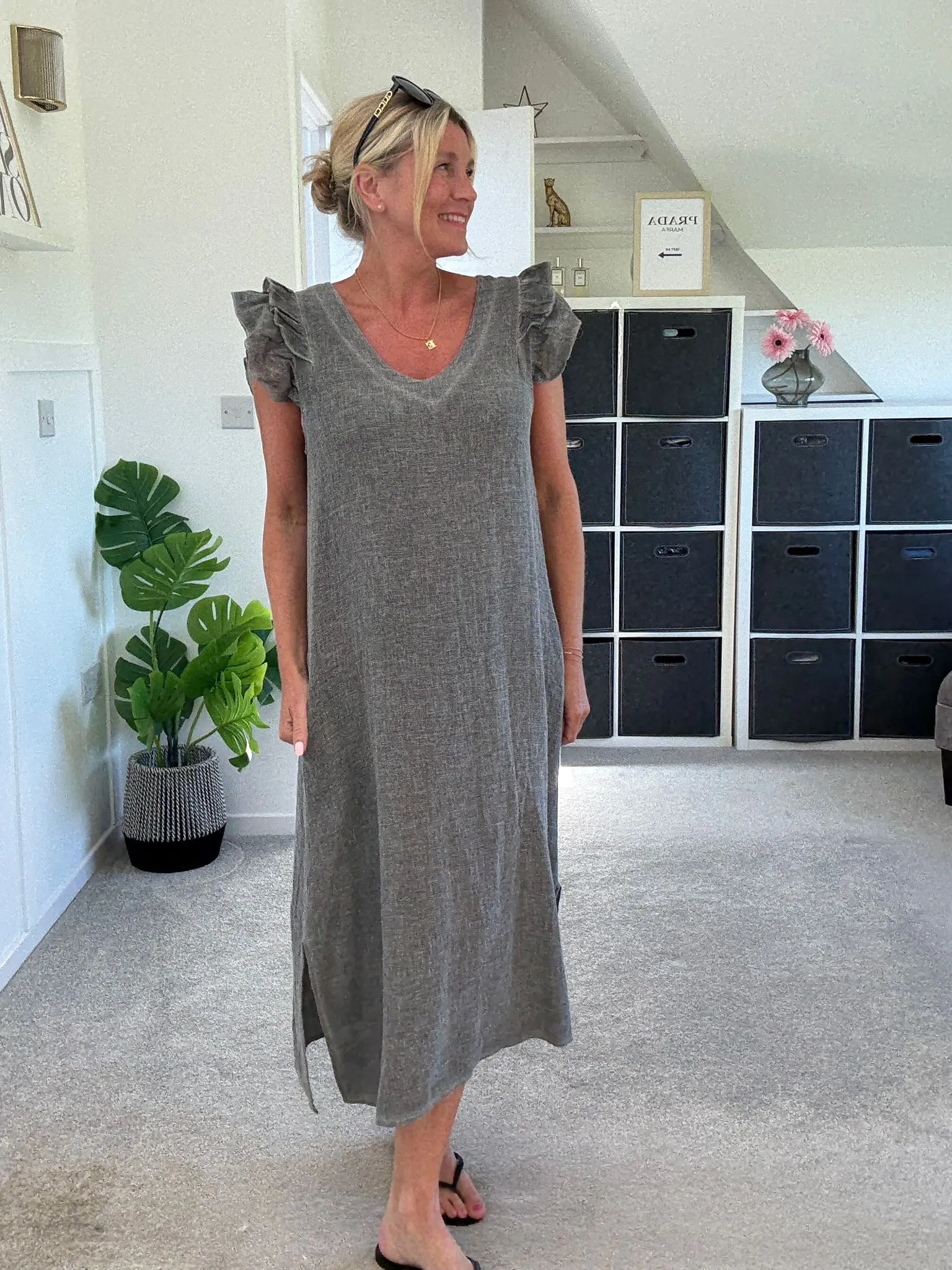 Dark Grey Washed Linen Frill Sleeve V-Neck Dress
