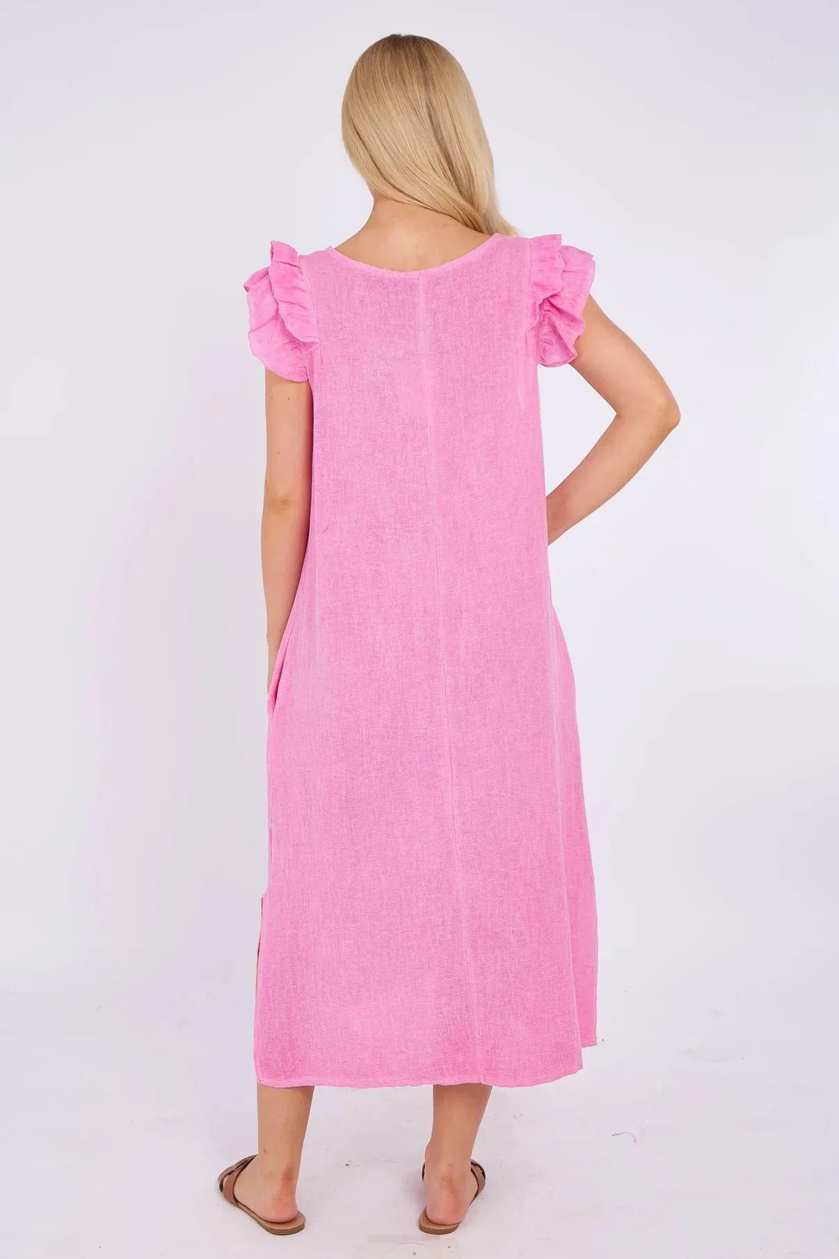 Dark Grey Washed Linen Frill Sleeve V-Neck Dress