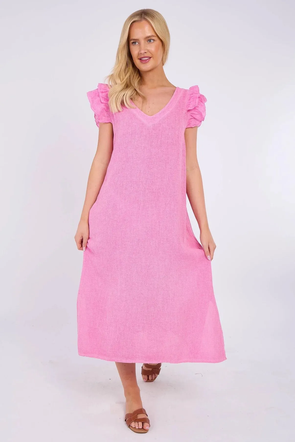 Dark Grey Washed Linen Frill Sleeve V-Neck Dress