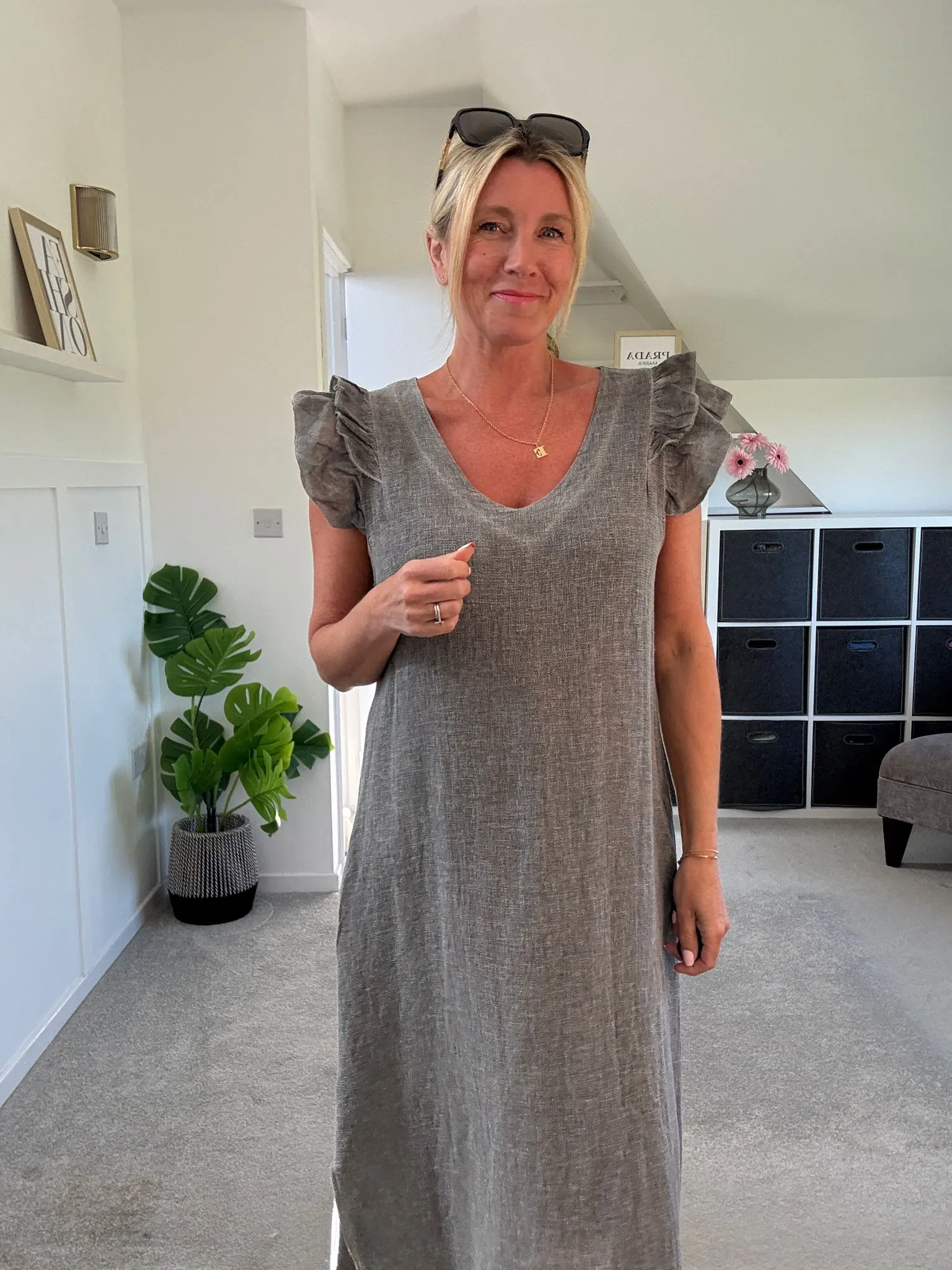 Dark Grey Washed Linen Frill Sleeve V-Neck Dress