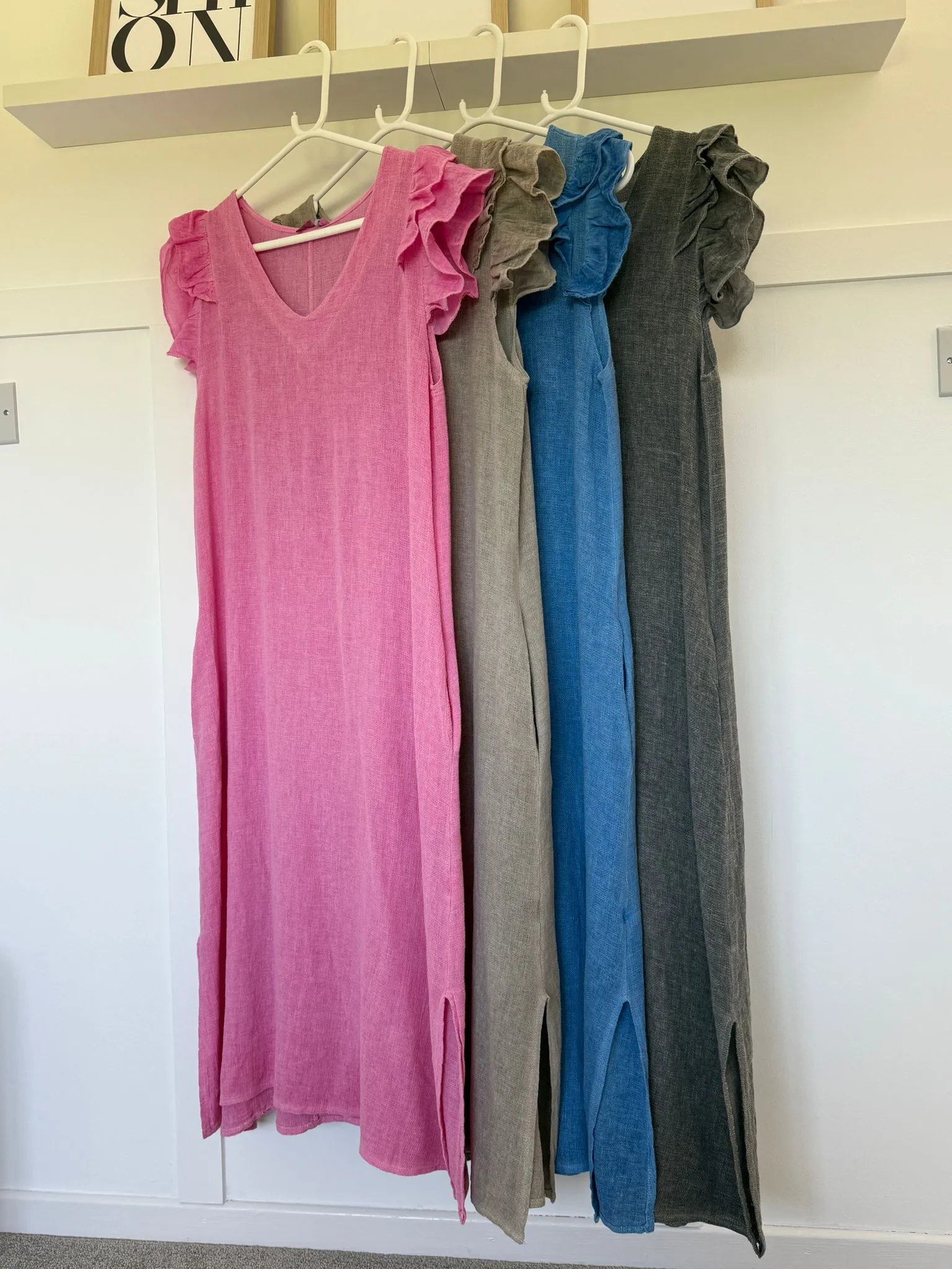 Dark Grey Washed Linen Frill Sleeve V-Neck Dress