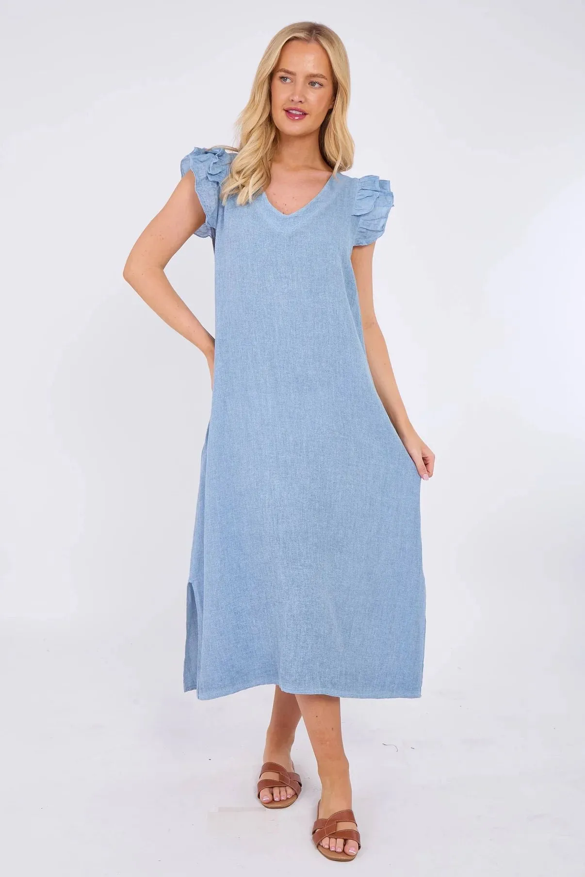 Dark Grey Washed Linen Frill Sleeve V-Neck Dress