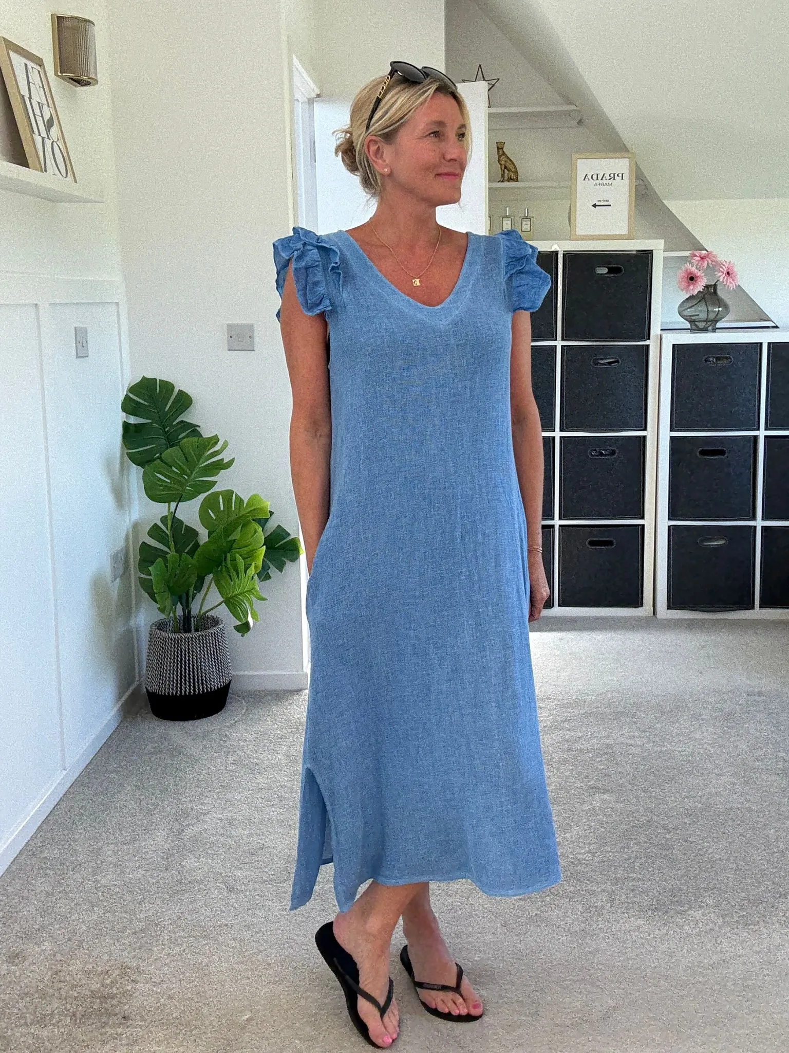 Dark Grey Washed Linen Frill Sleeve V-Neck Dress