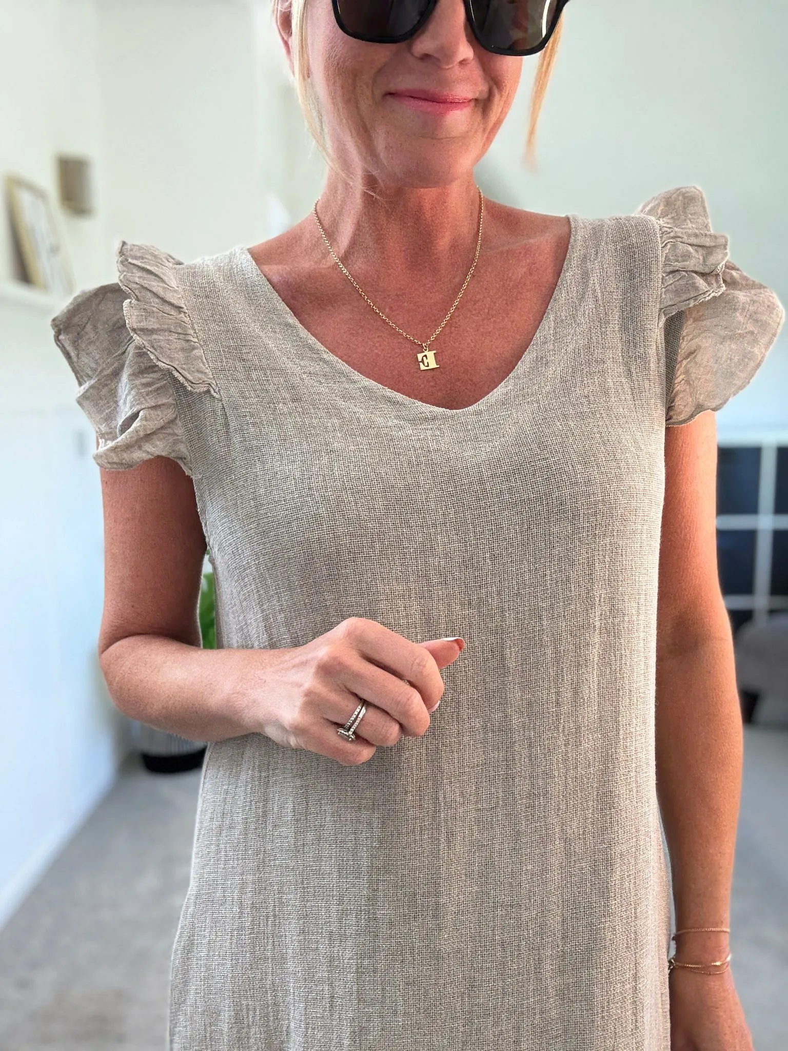 Dark Grey Washed Linen Frill Sleeve V-Neck Dress