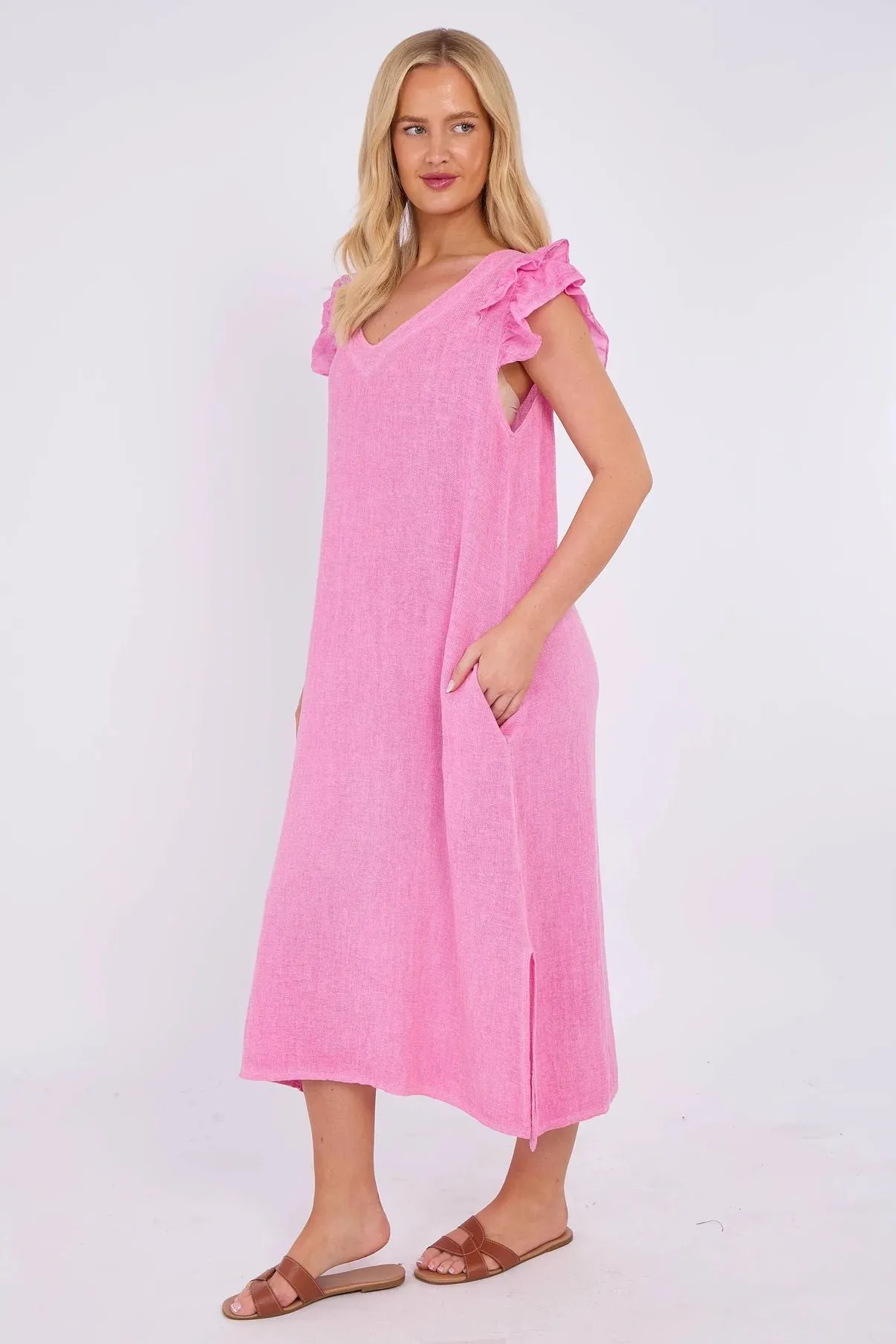 Dark Grey Washed Linen Frill Sleeve V-Neck Dress