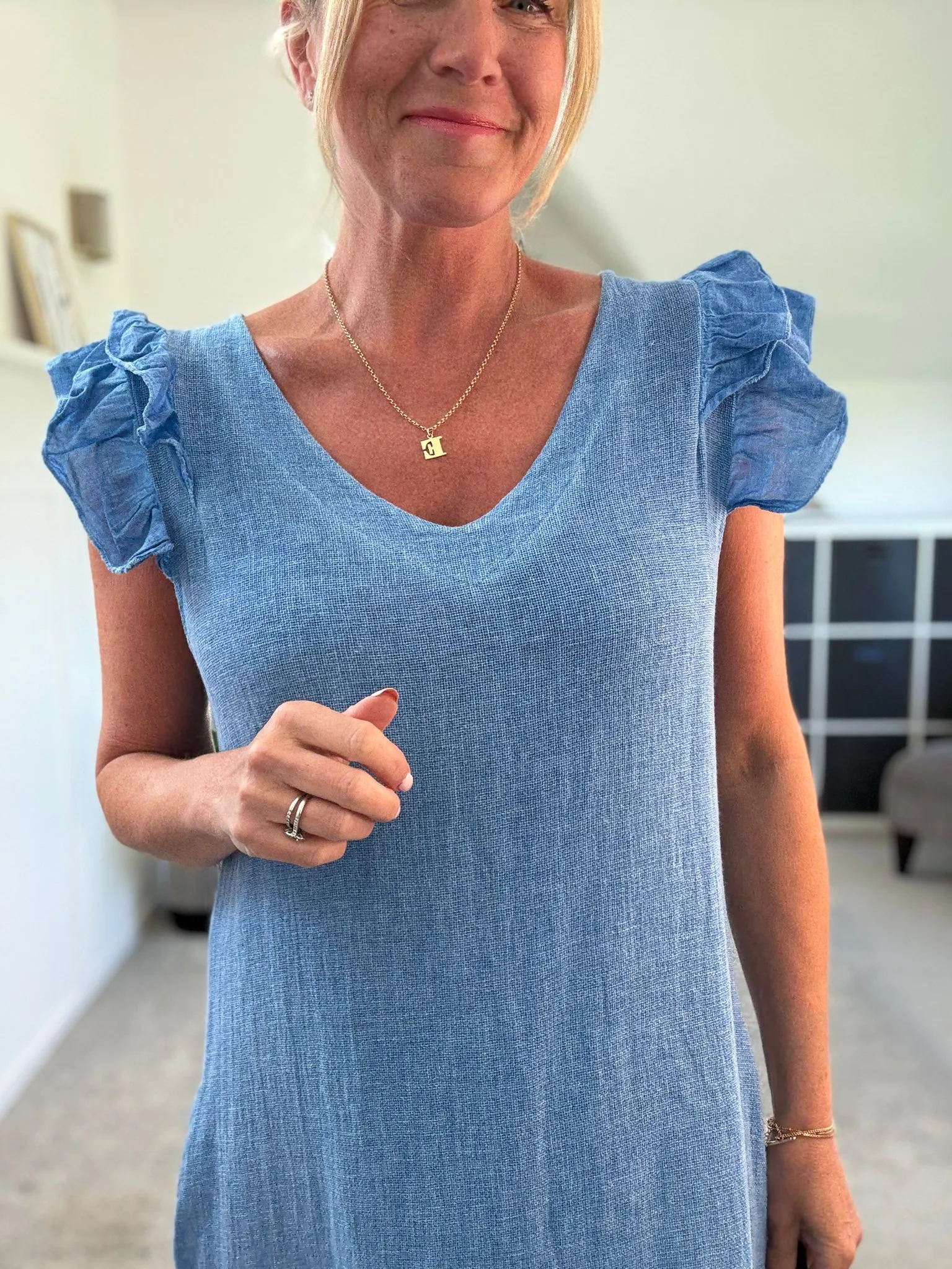 Dark Grey Washed Linen Frill Sleeve V-Neck Dress