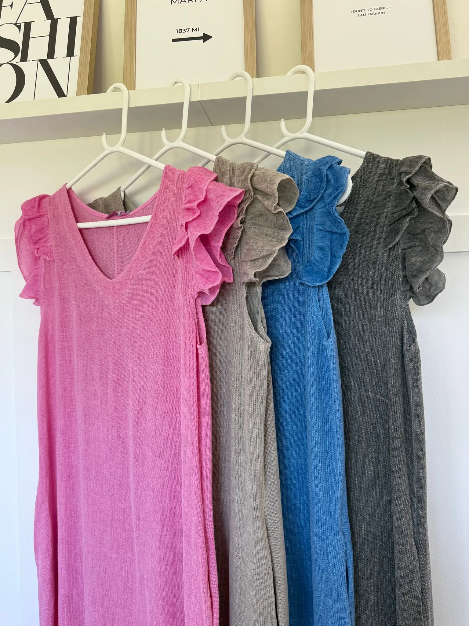 Dark Grey Washed Linen Frill Sleeve V-Neck Dress